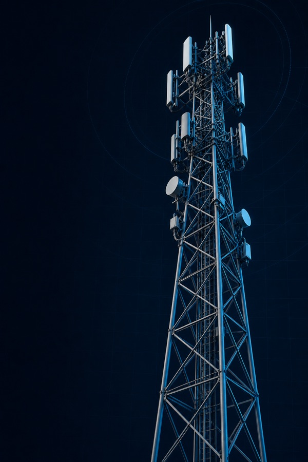 Lattice cellphone tower with DeBrox blue engineering lighting